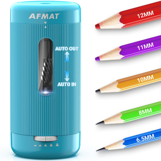 AFMAT Newly Upgraded PSC3 6.5-12mm Super Durable Fully Automatic Pencil Sharpener, 3X Longer Cutter Life, for No.2 & Jumbo & Colored Pencils (φ6.5-12mm),Auto in & Out, 5 Sharpness Modes, Rechargeable Heavy Duty Sharpeners for Classroom Home Office,PSC3CY