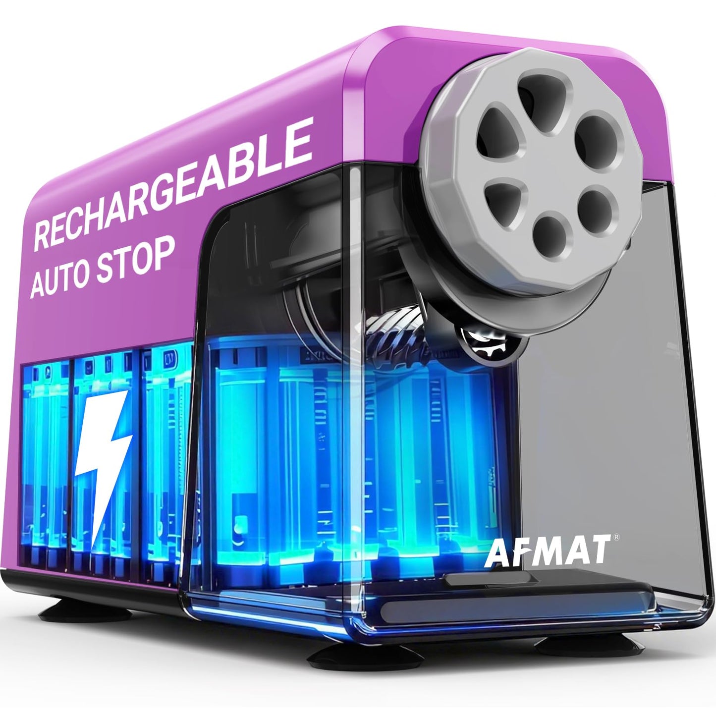 AFMAT 6-Hole Electric Pencil Sharpener Heavy Duty, Auto Stop Classroom Pencil Sharpener for 6-11mm Pencils, Rechargeable Pencil Sharpeners for School, 10,000+ Sharpenings, Save Pencils, Model:PSD1(Purple)