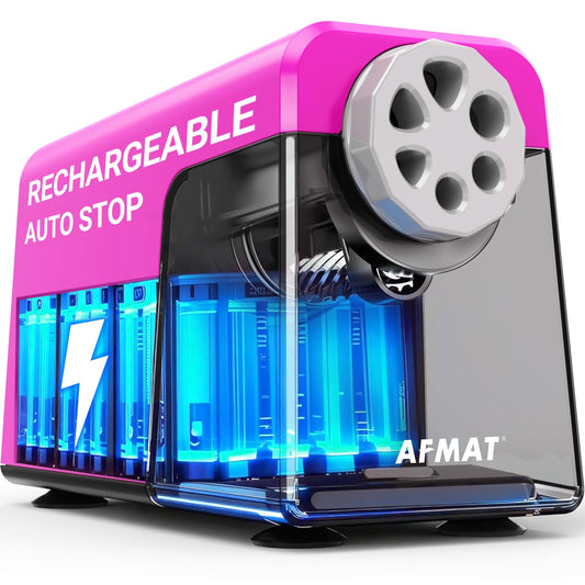 AFMAT 6-Hole Electric Pencil Sharpener Heavy Duty, Auto Stop Classroom Pencil Sharpener for 6-11mm Pencils, Rechargeable Pencil Sharpeners for School, 10,000+ Sharpenings, Save Pencils, Pink Model:PSD1PK