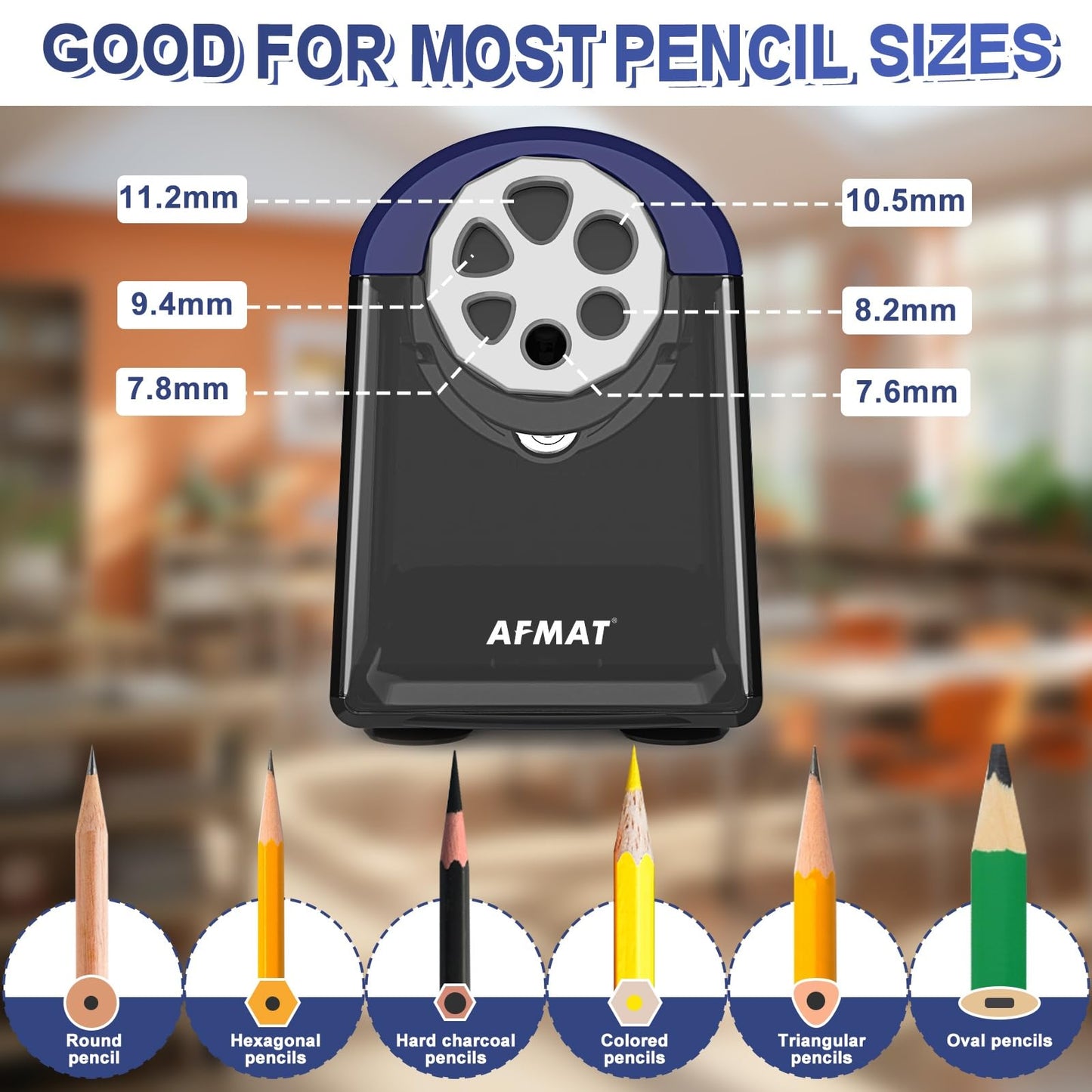 AFMAT PSX2 6 Holes Durable Heavy Duty Electric Pencil Sharpener,Auto Stop Pencil Sharpeners for 6-11mm Colored Pencils,PSX2PK