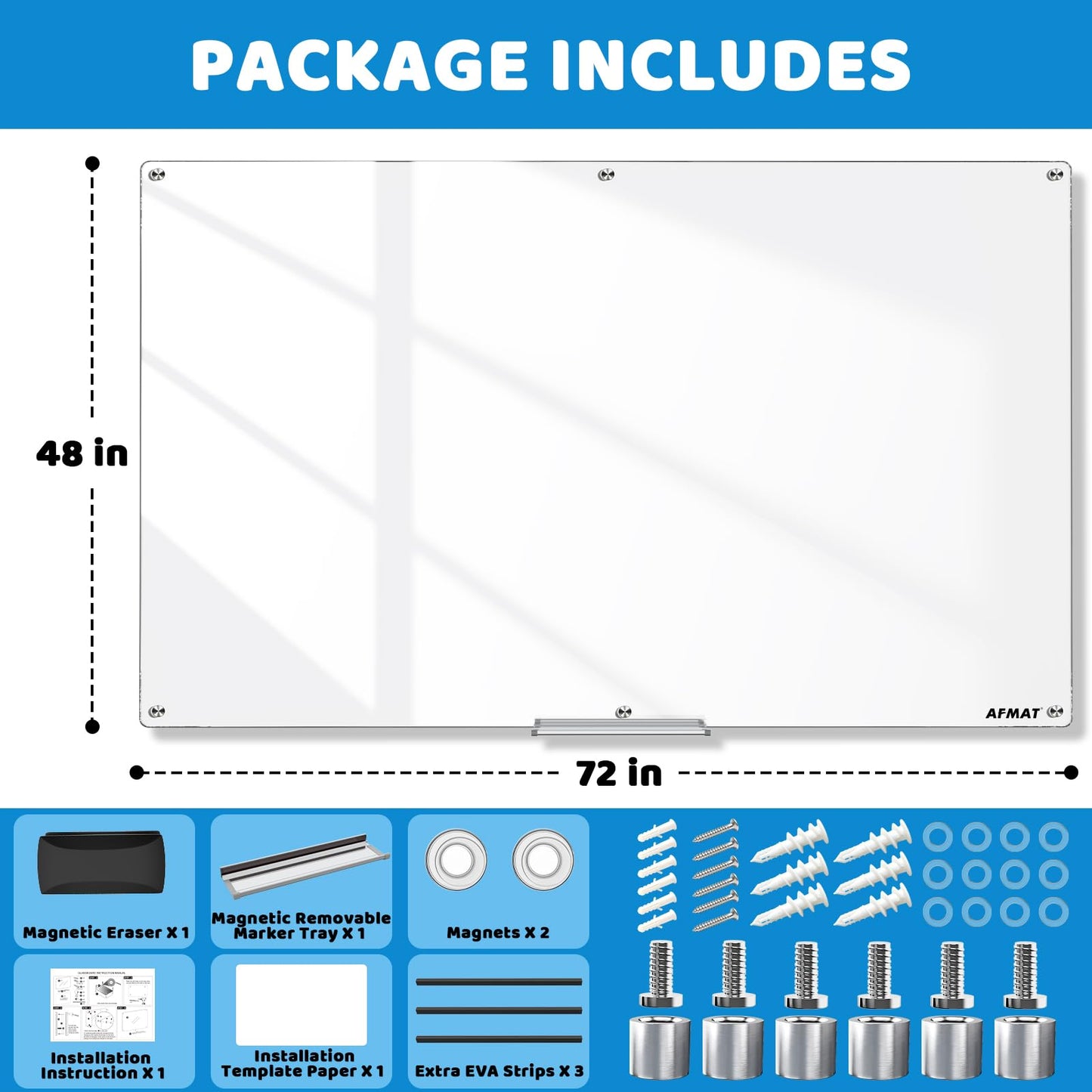 Magnetic Glass Dry Erase Board, 72" x 48" Glass Wall Mounted White Board, GB04EW3
