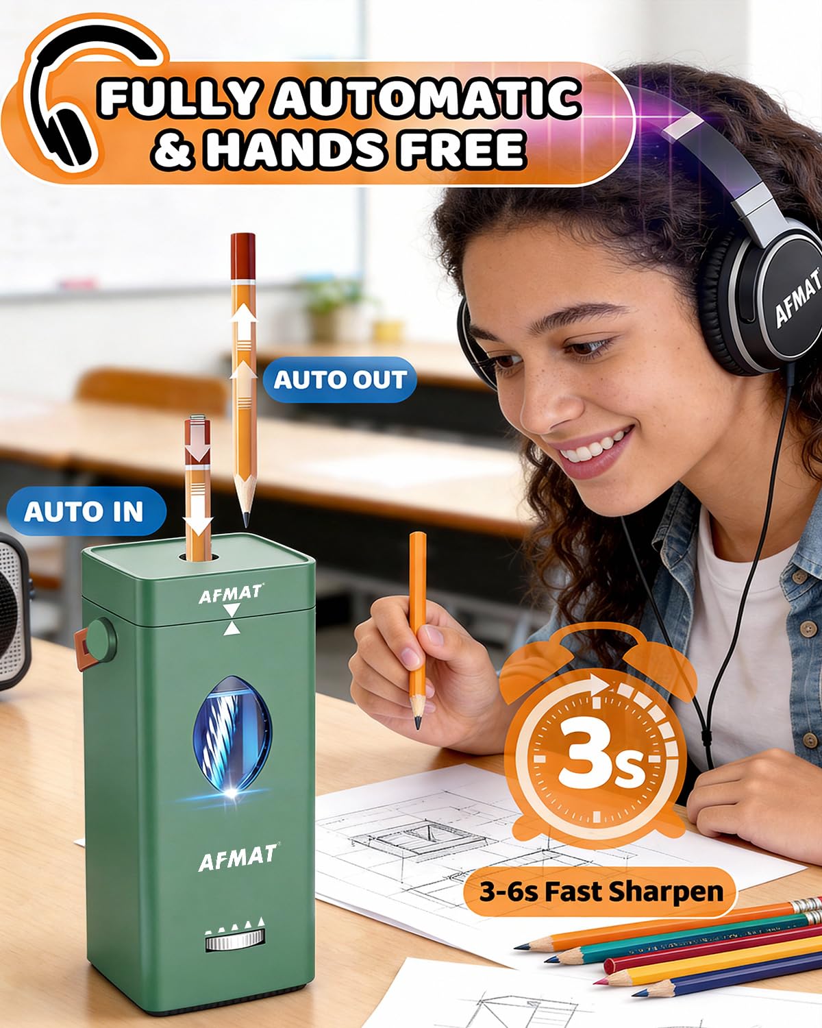 AFMAT Newly Upgraded PSC7 Electric Fully Automatic Pencil Sharpener,3X Longer Cutter Life,for 6-12mm No.2/Jumbo/Colored Pencils Pencils, Auto in & Out, 5 Sharpness Modes, Rechargeable Heavy Duty Sharpeners for Classroom Home Office PSC7RD