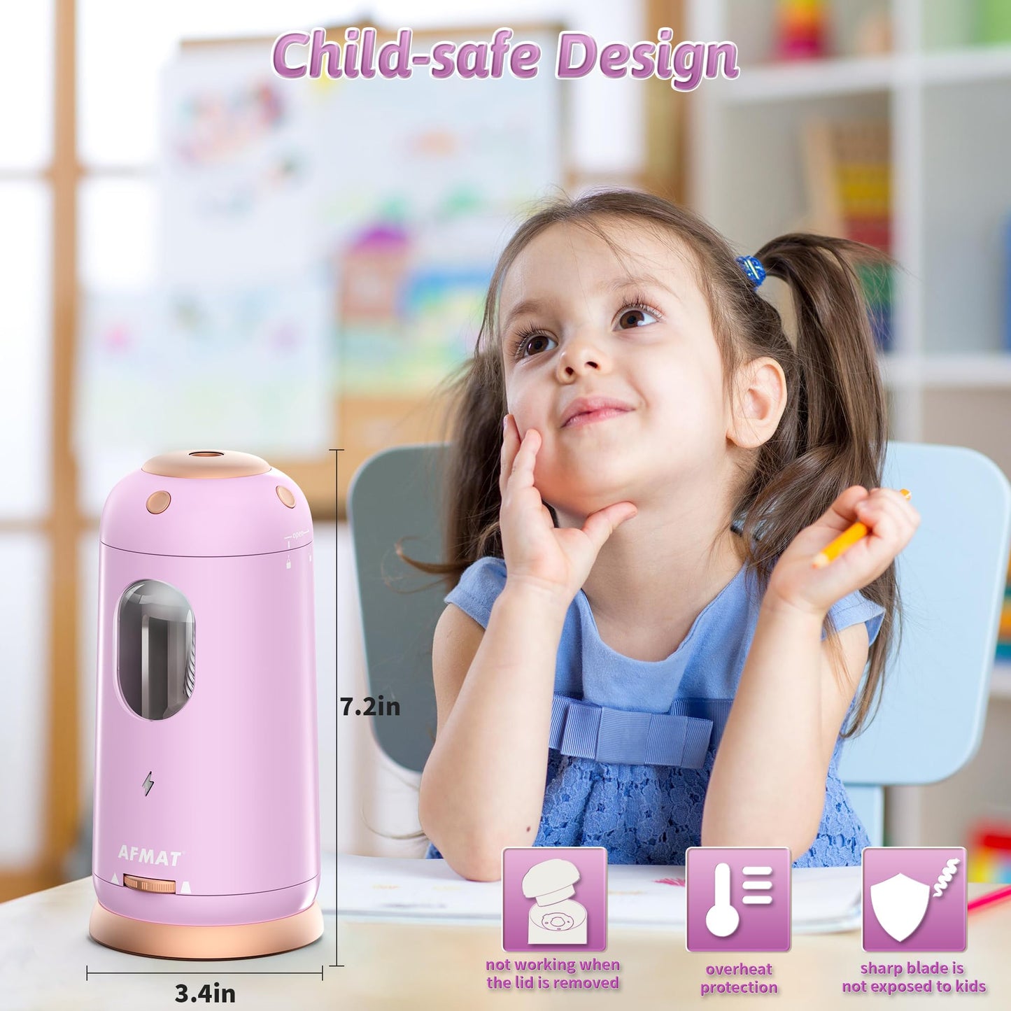 AFMAT Electric Pencil Sharpener, Auto in & Out, Fully Automatic Pencil Sharpener, Rechargeable Hands-Free Sharpeners for Jumbo & Colored Pencils (7-11.5mm), Good for Classroom/Home/Office, Model:PSC8(Black)