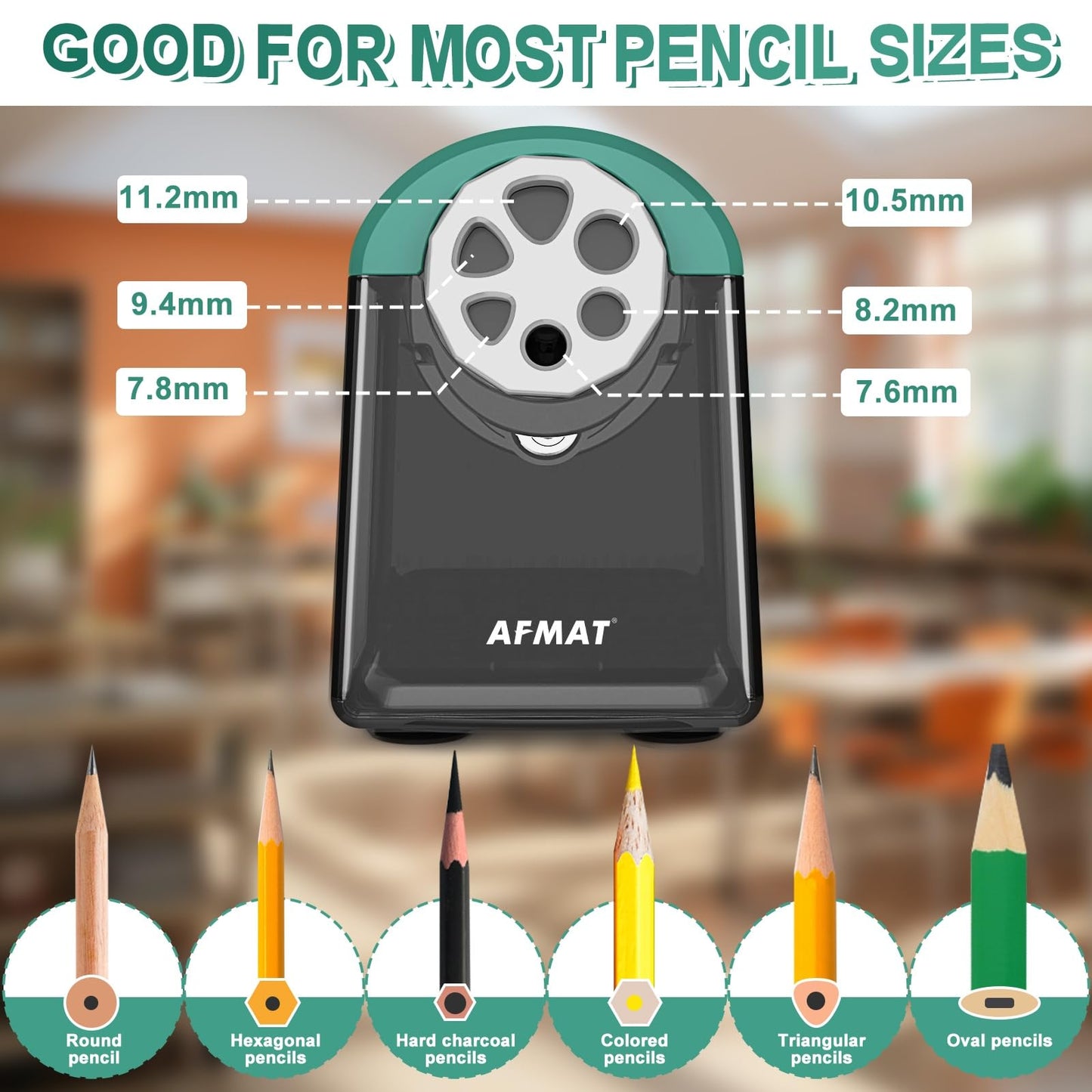 AFMAT PSX2 6 Holes Durable Heavy Duty Electric Pencil Sharpener,Auto Stop Pencil Sharpeners for 6-11mm Colored Pencils,PSX2PK