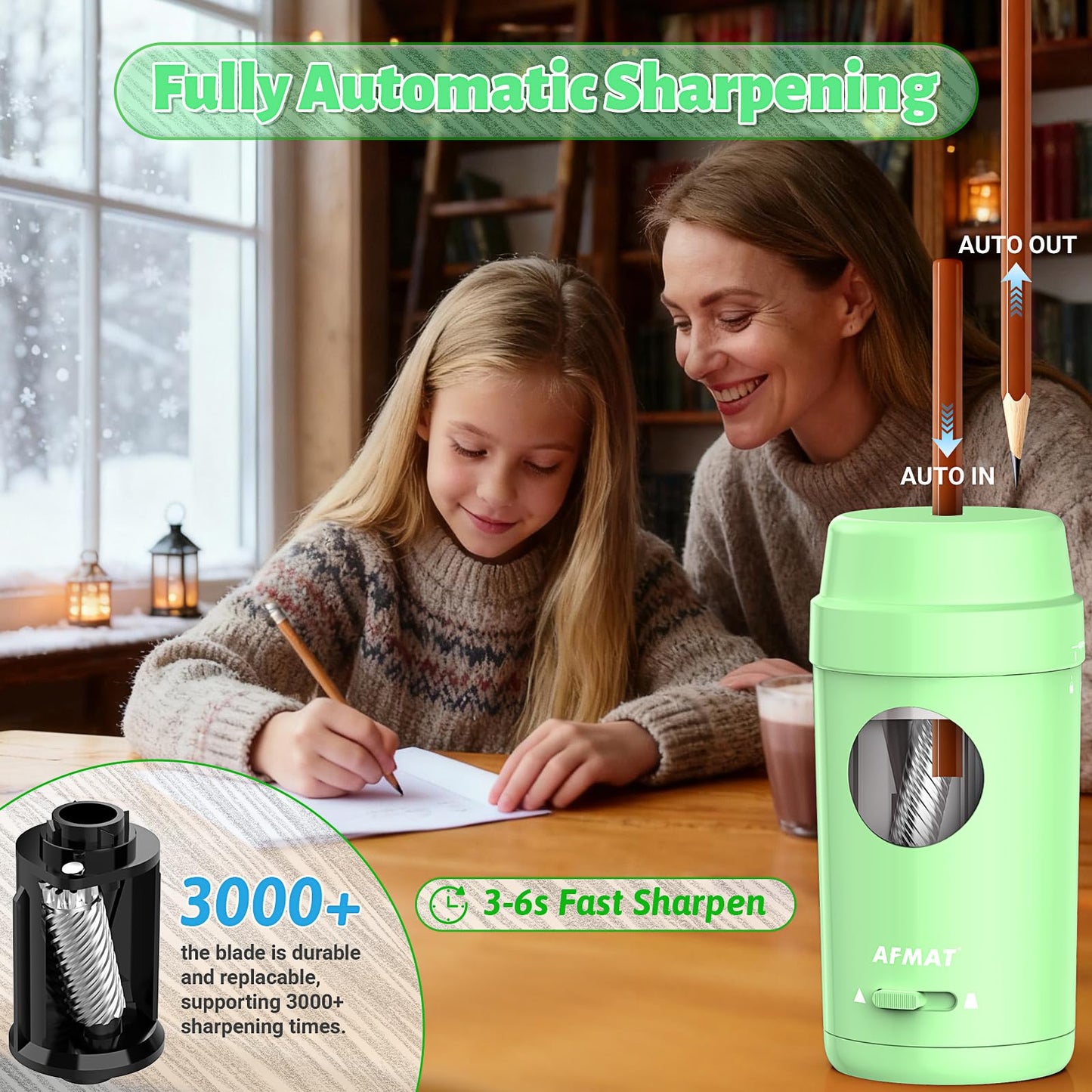 AFMAT Electric Pencil Sharpener, Auto in & Out, Fully Automatic Pencil Sharpener for Colored Pencils, Rechargeable Hands-Free Sharpeners for φ7-8mm Pencils, Good for Classroom/Home PSX8(Black)