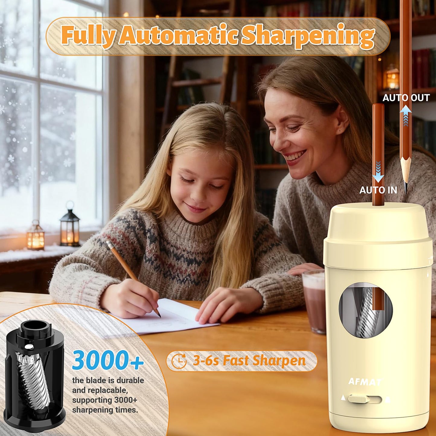 AFMAT Electric Pencil Sharpener, Auto in & Out, Fully Automatic Pencil Sharpener for Colored Pencils, Rechargeable Hands-Free Sharpeners for φ7-8mm Pencils, Good for Classroom/Home PSX8(Black)