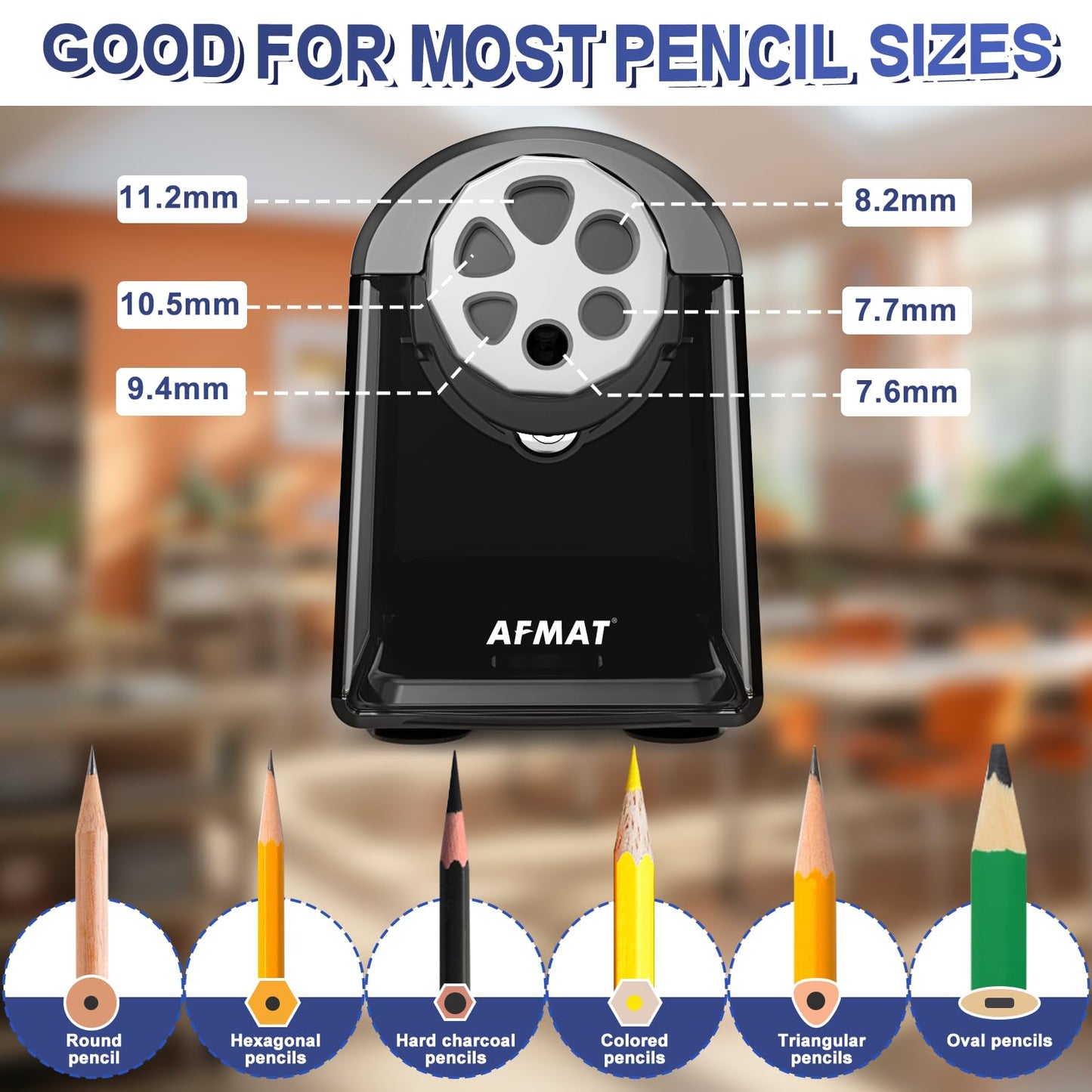 AFMAT PSX2 6 Holes Durable Heavy Duty Electric Pencil Sharpener,Auto Stop Pencil Sharpeners for 6-11mm Colored Pencils,PSX2PK