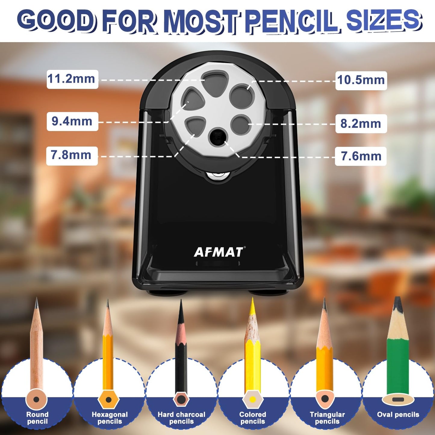 AFMAT PSX2 6 Holes Durable Heavy Duty Electric Pencil Sharpener,Auto Stop Pencil Sharpeners for 6-11mm Colored Pencils,PSX2PK