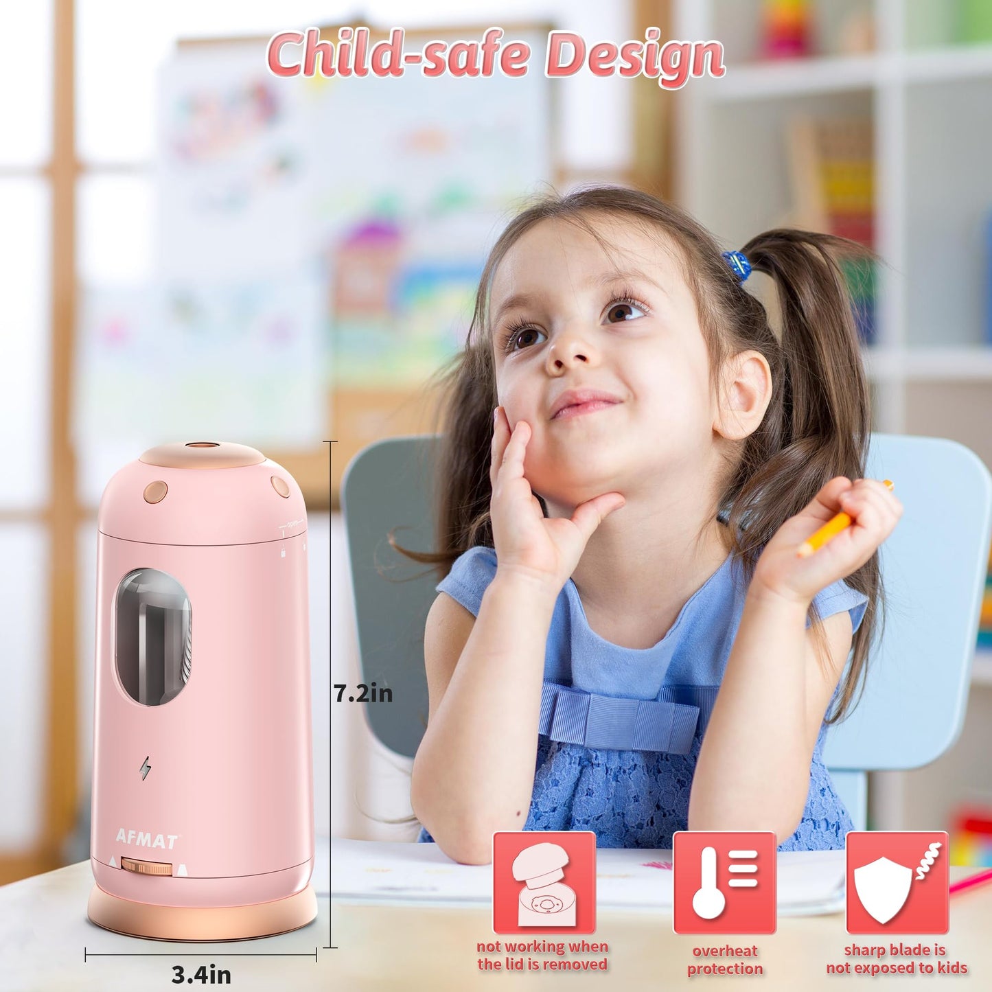 AFMAT Electric Pencil Sharpener, Auto in & Out, Fully Automatic Pencil Sharpener, Rechargeable Hands-Free Sharpeners for Jumbo & Colored Pencils (7-11.5mm), Good for Classroom/Home/Office, Model:PSC8(Black)