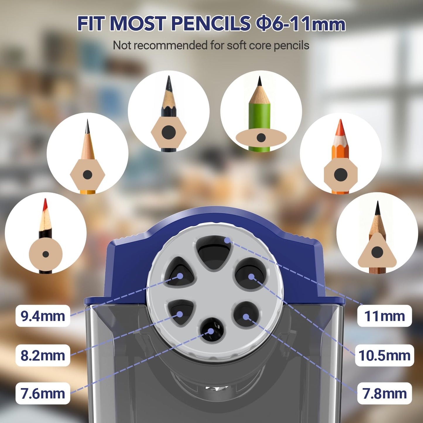 AFMAT Electric Pencil Sharpener Heavy Duty, 6 Holes, Super Fast, Auto Stop & Save Pencils, 10000 Sharpening Times, Rechargeable Classroom Pencil Sharpener for 6-11mm No.2/Large/Colored Pencils, Model:PSD4(Black)