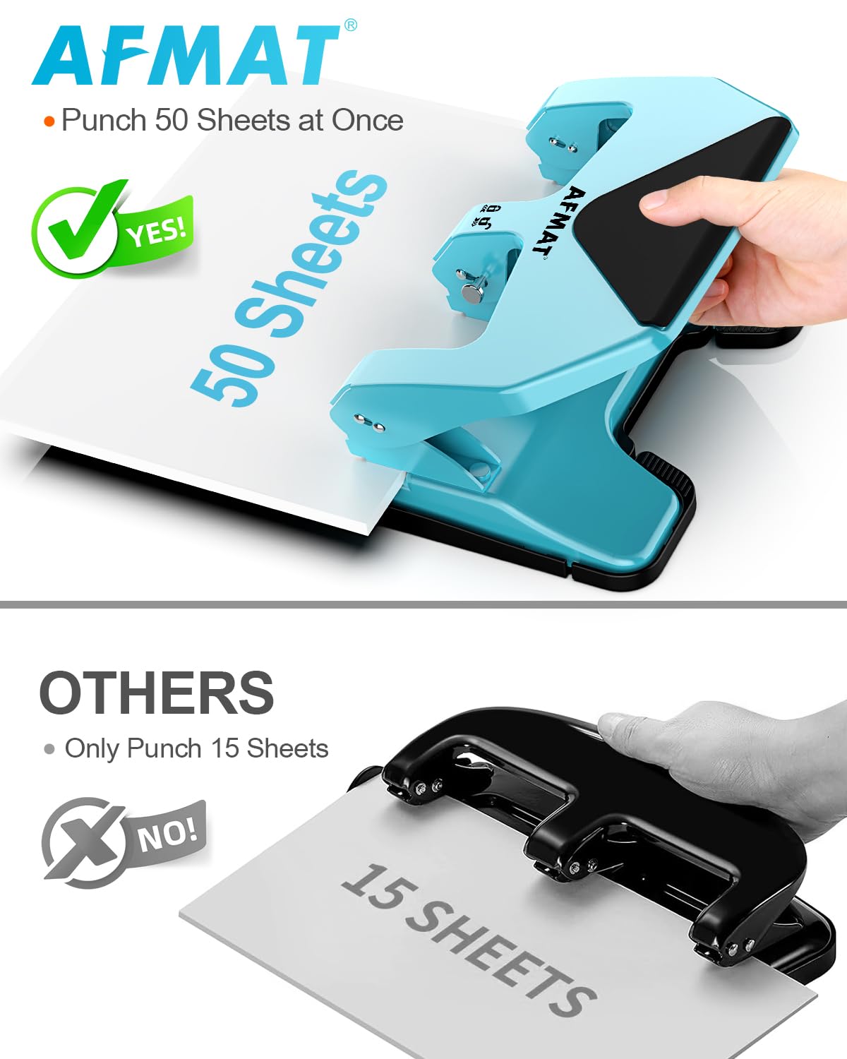 AFMAT HP20 Heavy Duty 3 Hole Punch, 60% Reduced Effort, 50-Sheet 3 Hole Puncher for Binder, 10,000+ Uses, Metal Three Hole Punch for Home Office School, w/Large Chip Tray, Paper Guide(Gray)