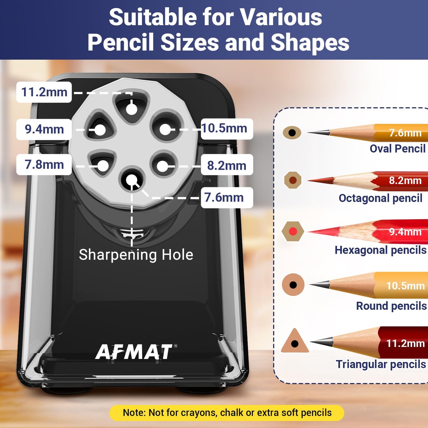 AFMAT 6-Hole Electric Pencil Sharpener Heavy Duty, Auto Stop Classroom Pencil Sharpener for 6-11mm Pencils, Rechargeable Pencil Sharpeners for School, 10,000+ Sharpenings, Save Pencils, Model:PSD1(Purple)