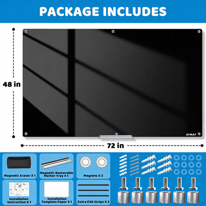 AFMAT Magnetic Glass Dry Erase Board, 72" x 48" Wall Mounted Black Glass Board, GB04BK3