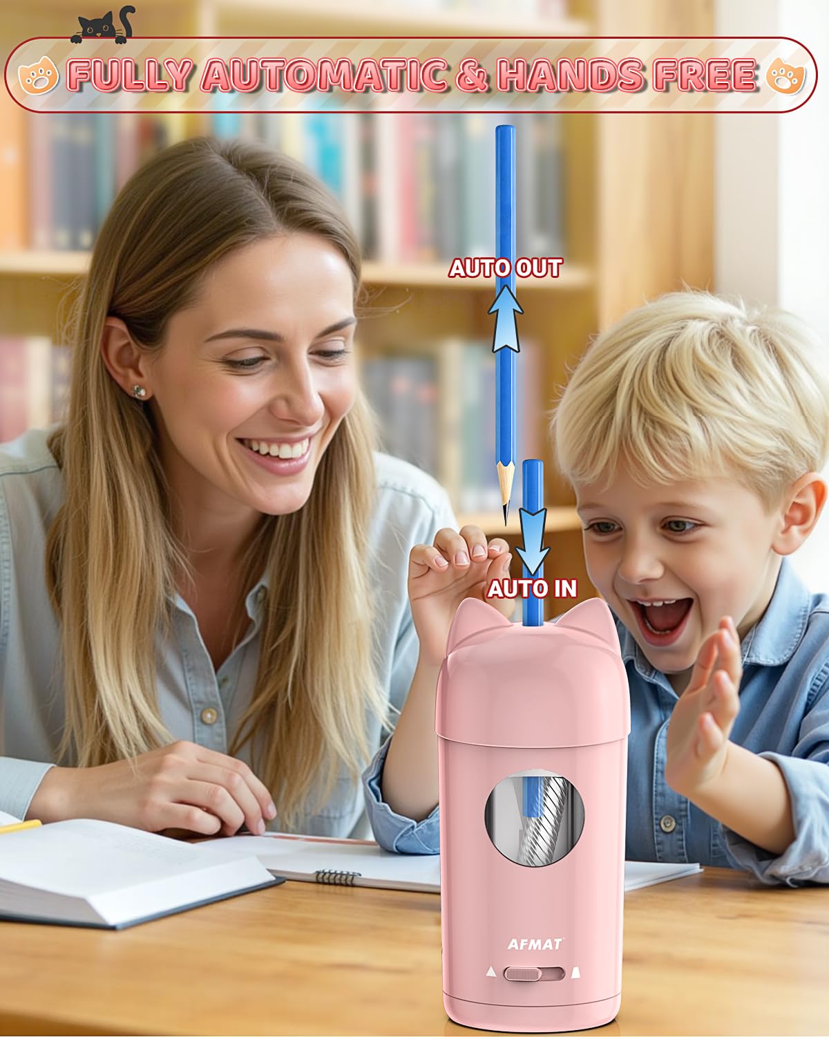 AFMAT PSX9 Cute Cat Electric Fully Automatic Pencil Sharpener for Kids,PSX9PR