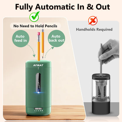 AFMAT PSC2 Electric Fully Automatic Pencil Sharpener, Auto in & Out, Rechargeable Hands-Free Sharpeners for Jumbo & Colored Pencils (6.5-12mm)