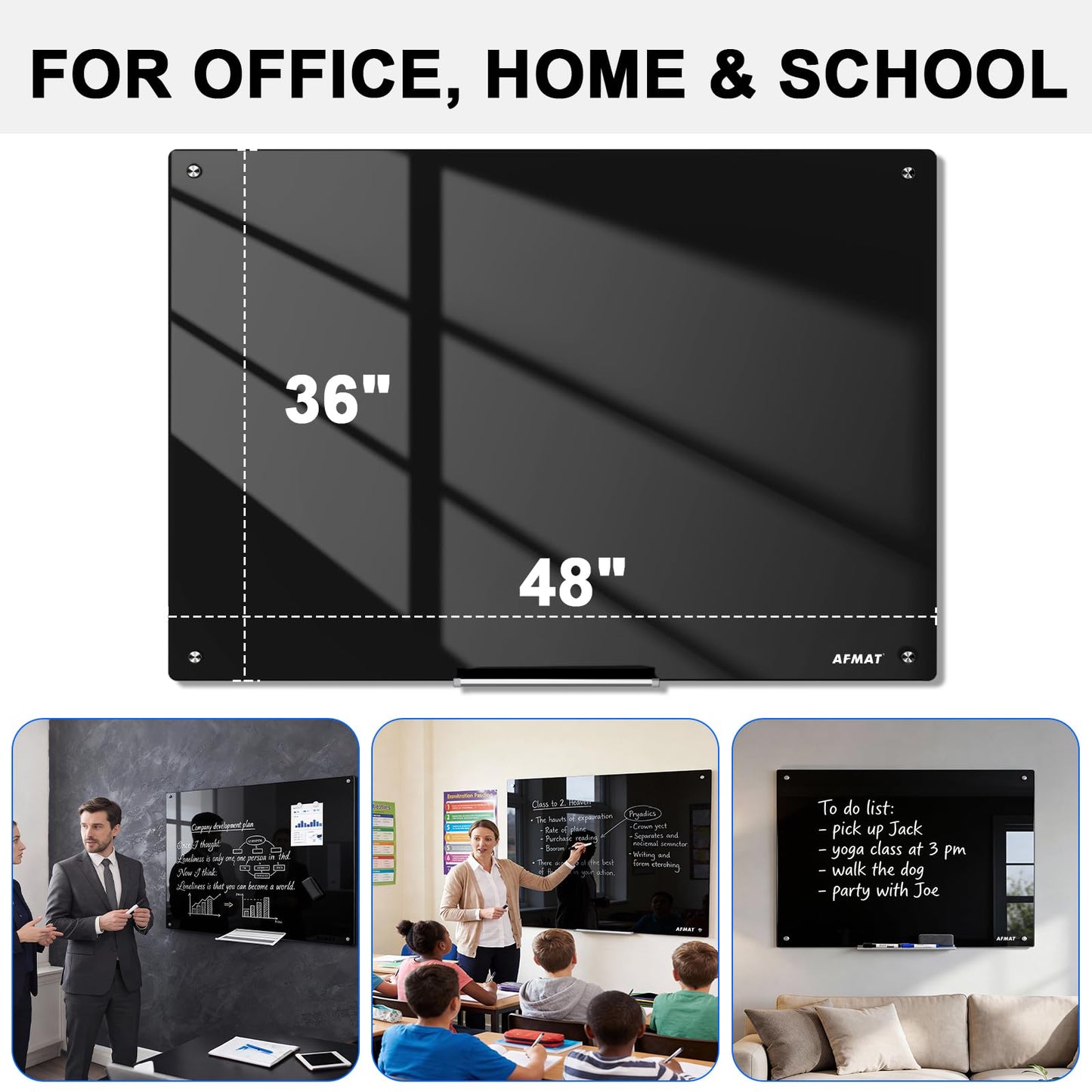 AFMAT Magnetic Glass Whiteboard, 48" x 36" Glass Dry Erase Board, 4mm Tempered Glass w/Strong Magnetic Surface, Large White Board for Wall, Frameless Wall Mounted Black Board for Office Home School,GB04EW1