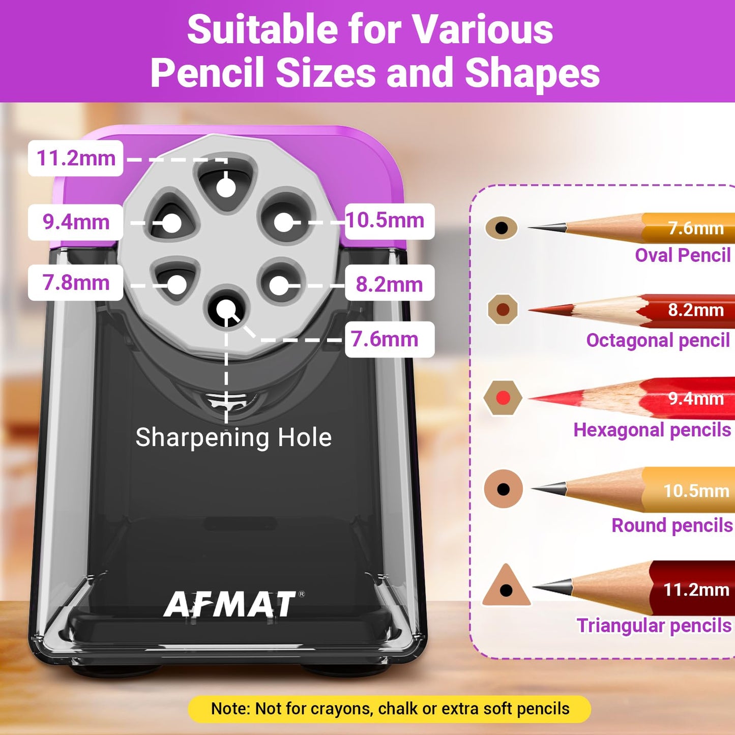 AFMAT 6-Hole Electric Pencil Sharpener Heavy Duty, Auto Stop Classroom Pencil Sharpener for 6-11mm Pencils, Rechargeable Pencil Sharpeners for School, 10,000+ Sharpenings, Save Pencils, Model:PSD1(Purple)