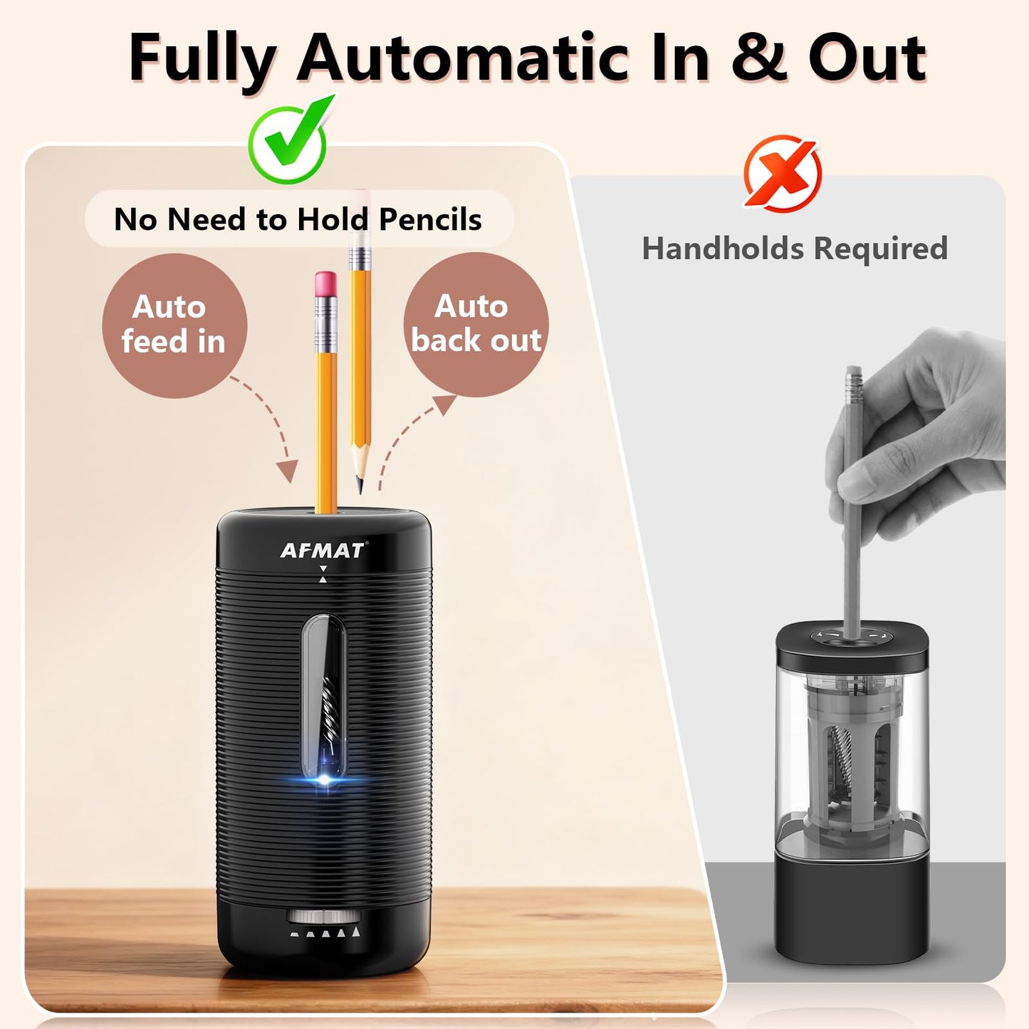 AFMAT PSC2 Electric Fully Automatic Pencil Sharpener, Auto in & Out, Rechargeable Hands-Free Sharpeners for Jumbo & Colored Pencils (6.5-12mm)