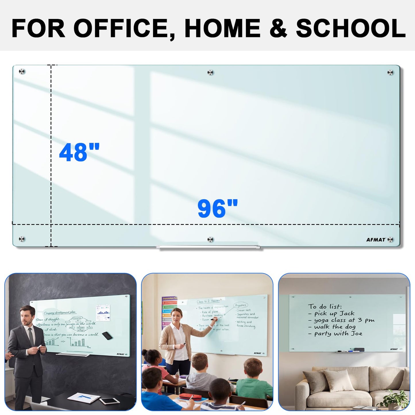 AFMAT Magnetic Glass Whiteboard, 96" x 48" Glass Dry Erase Board, GB04WH4