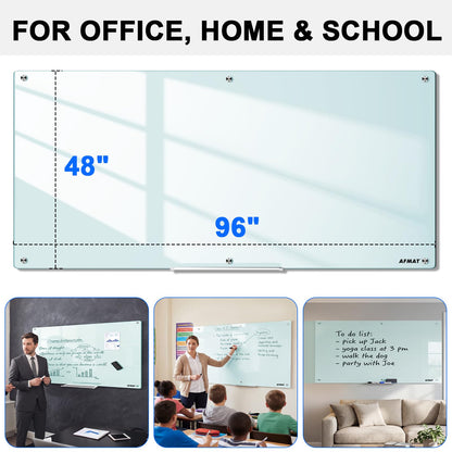 AFMAT Magnetic Glass Whiteboard, 96" x 48" Glass Dry Erase Board, GB04WH4