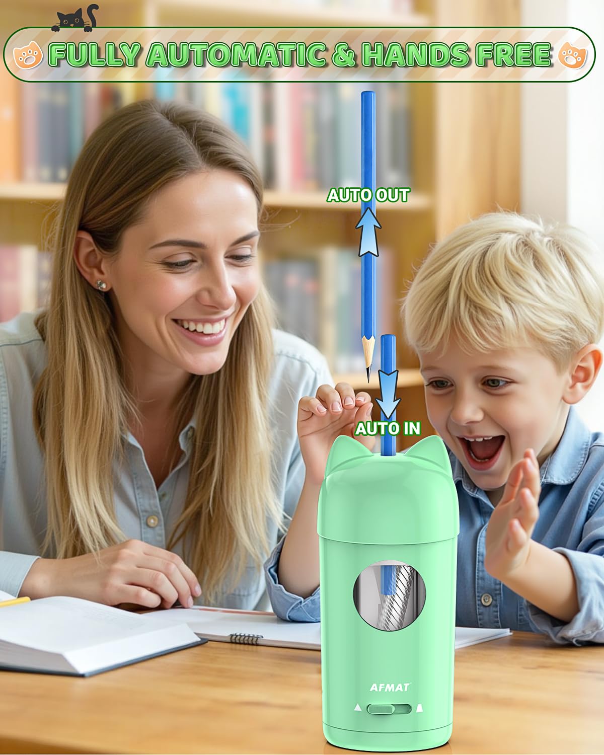 AFMAT PSX9 Cute Cat Electric Fully Automatic Pencil Sharpener for Kids,PSX9PR