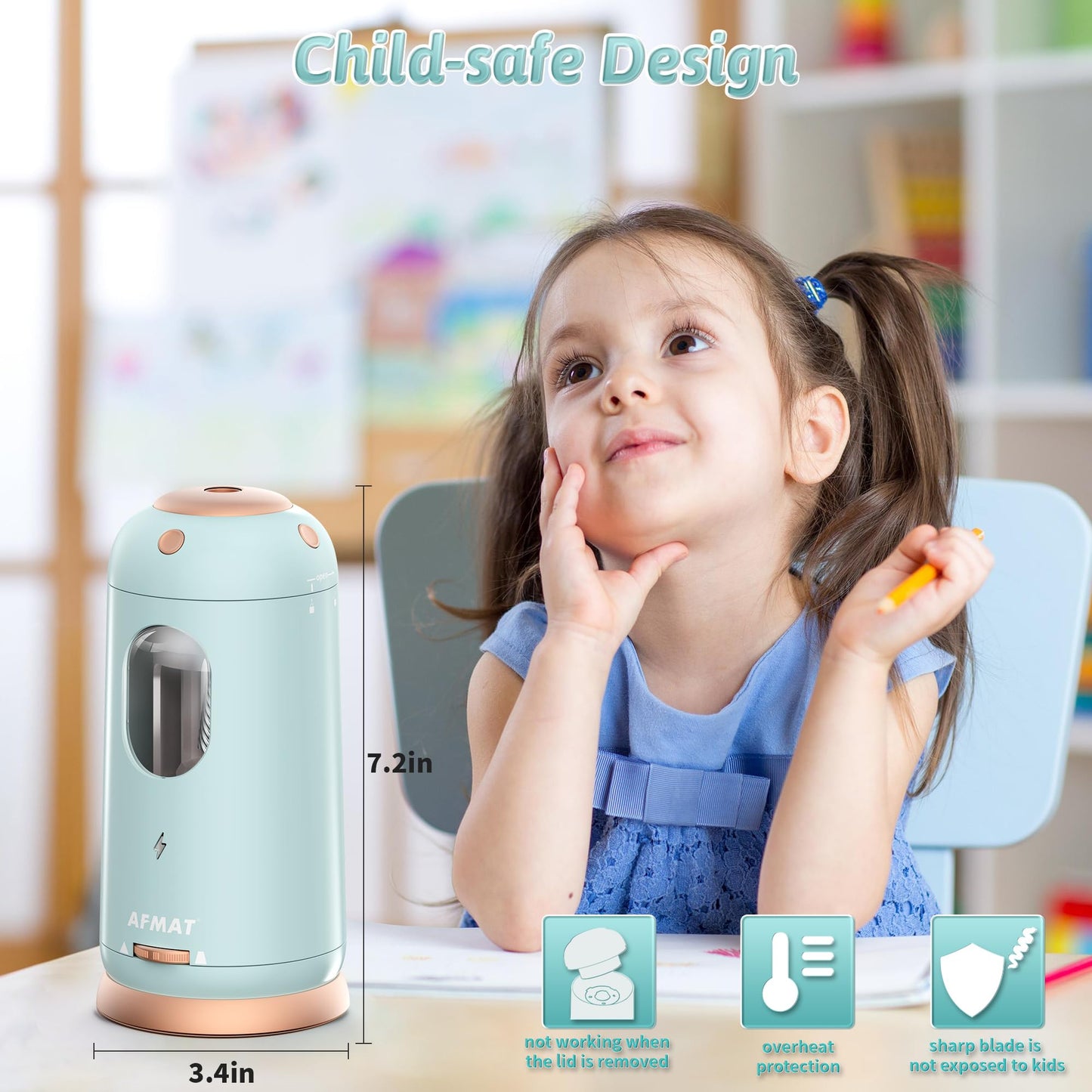 AFMAT Electric Pencil Sharpener, Auto in & Out, Fully Automatic Pencil Sharpener, Rechargeable Hands-Free Sharpeners for Jumbo & Colored Pencils (7-11.5mm), Good for Classroom/Home/Office, Model:PSC8(Black)