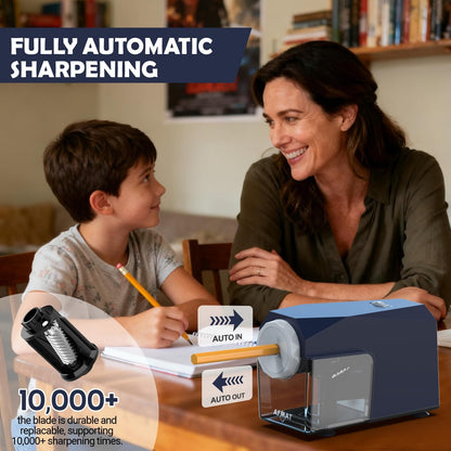 AFMAT Newly Upgraded PSC4 6.5-10.5mm Super Durable Heavy Duty Fully Automatic Pencil Sharpener, 3X Longer Cutter Life,Auto in & Out, 5 Sharpness Modes, Hands-Free Sharpeners for No.2/Jumbo/Colored Pencils (φ6.5-10.5mm),PSC4BL