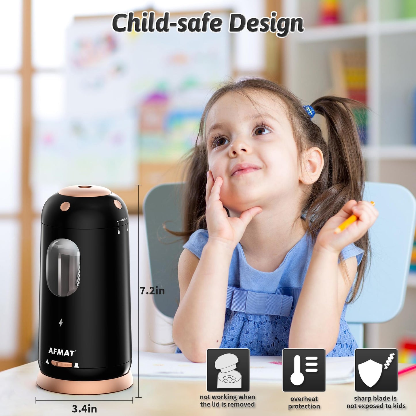 AFMAT Electric Pencil Sharpener, Auto in & Out, Fully Automatic Pencil Sharpener, Rechargeable Hands-Free Sharpeners for Jumbo & Colored Pencils (7-11.5mm), Good for Classroom/Home/Office, Model:PSC8(Black)