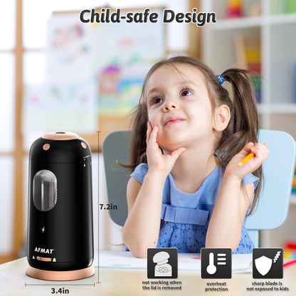 AFMAT Electric Pencil Sharpener, Auto in & Out, Fully Automatic Pencil Sharpener, Rechargeable Hands-Free Sharpeners for Jumbo & Colored Pencils (7-11.5mm), Good for Classroom/Home/Office, Model:PSC8(Black)