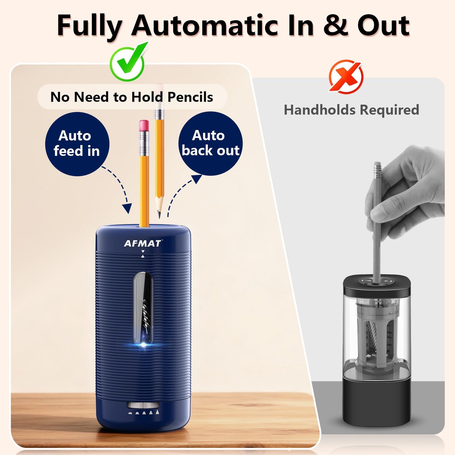 AFMAT PSC2 Electric Fully Automatic Pencil Sharpener, Auto in & Out, Rechargeable Hands-Free Sharpeners for Jumbo & Colored Pencils (6.5-12mm)
