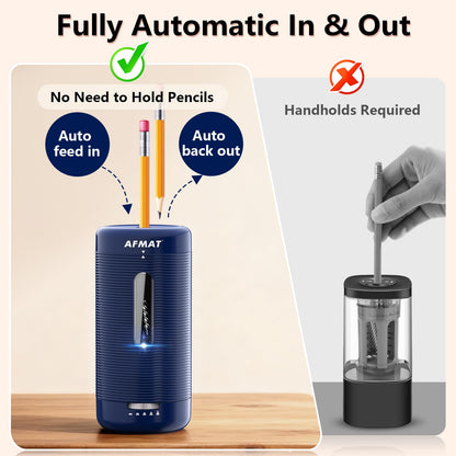 AFMAT PSC2 Electric Fully Automatic Pencil Sharpener, Auto in & Out, Rechargeable Hands-Free Sharpeners for Jumbo & Colored Pencils (6.5-12mm)