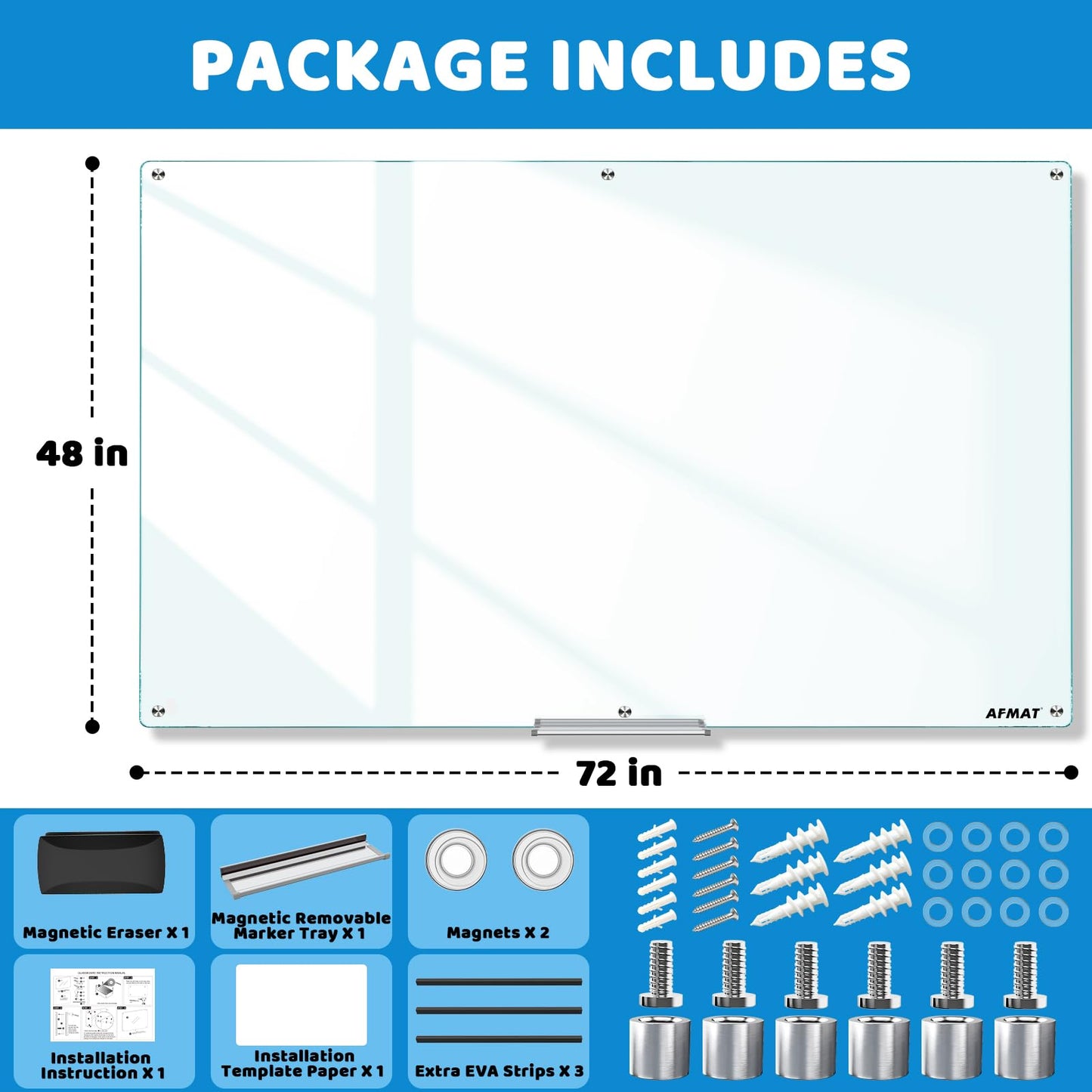 AFMAT Magnetic Glass Dry Erase Board, 72" x 48" Glass Wall Mounted Whiteboard, GB04WH3