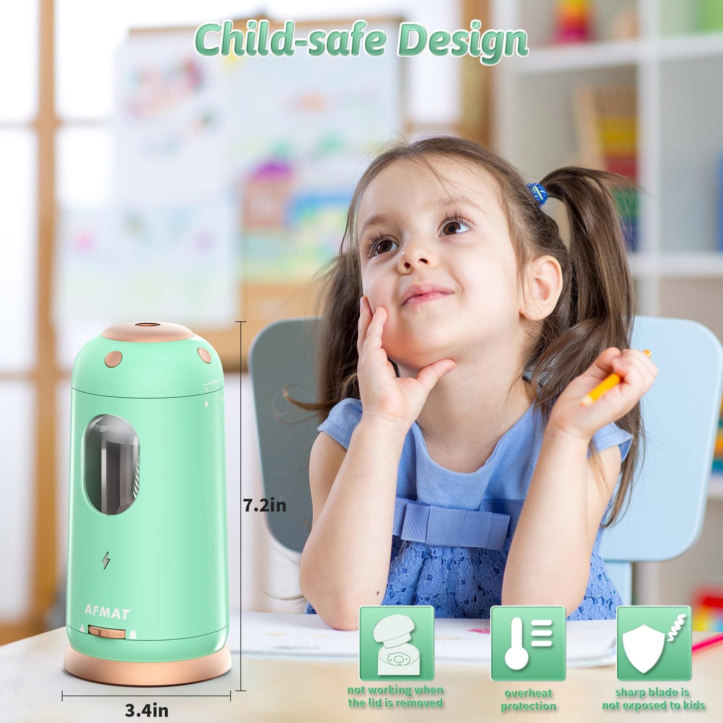 AFMAT Electric Pencil Sharpener, Auto in & Out, Fully Automatic Pencil Sharpener, Rechargeable Hands-Free Sharpeners for Jumbo & Colored Pencils (7-11.5mm), Good for Classroom/Home/Office, Model:PSC8(Black)