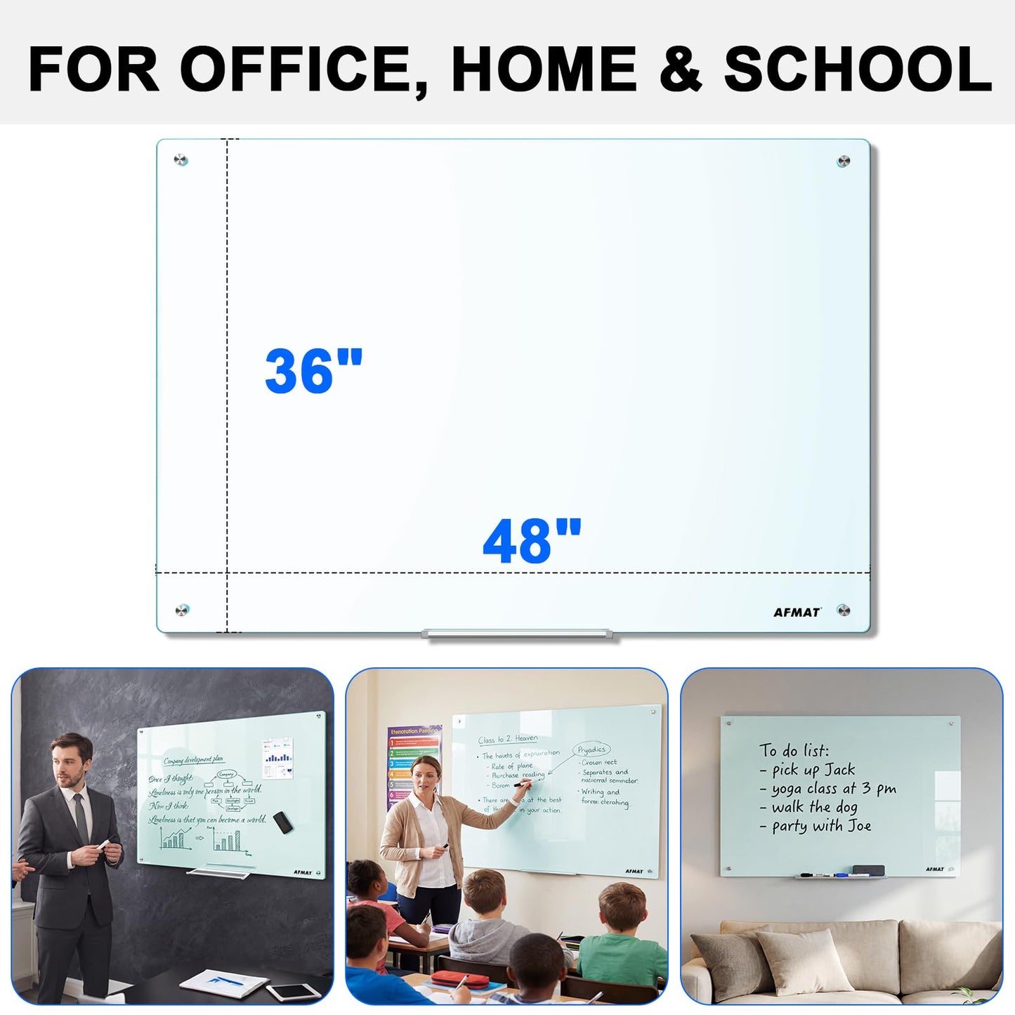 AFMAT Magnetic Glass Whiteboard, 48" x 36" Glass Dry Erase Board, 4mm Tempered Glass w/Strong Magnetic Surface, Large White Board for Wall, Frameless Wall Mounted Black Board for Office Home School,GB04WH1