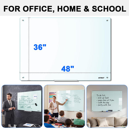 AFMAT Magnetic Glass Whiteboard, 48" x 36" Glass Dry Erase Board, 4mm Tempered Glass w/Strong Magnetic Surface, Large White Board for Wall, Frameless Wall Mounted Black Board for Office Home School,GB04WH1
