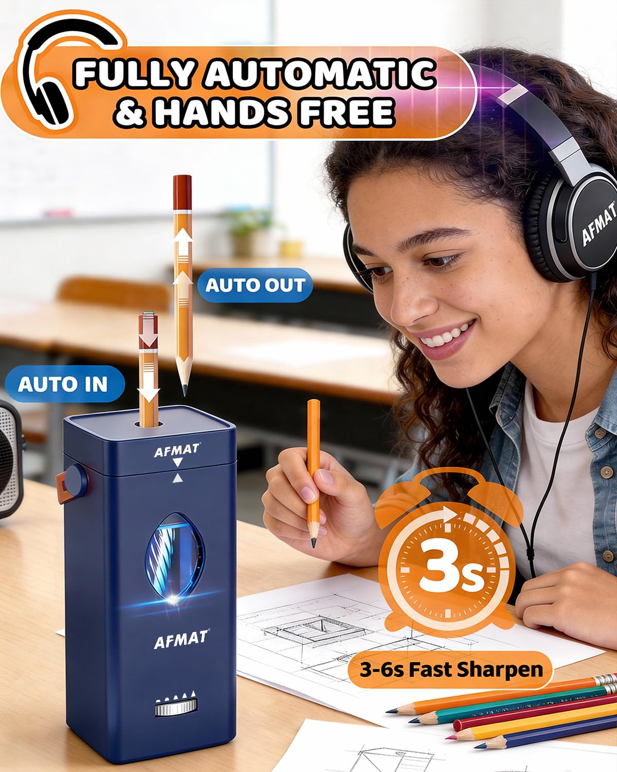 AFMAT Newly Upgraded PSC7 Electric Fully Automatic Pencil Sharpener,3X Longer Cutter Life,for 6-12mm No.2/Jumbo/Colored Pencils Pencils, Auto in & Out, 5 Sharpness Modes, Rechargeable Heavy Duty Sharpeners for Classroom Home Office PSC7RD