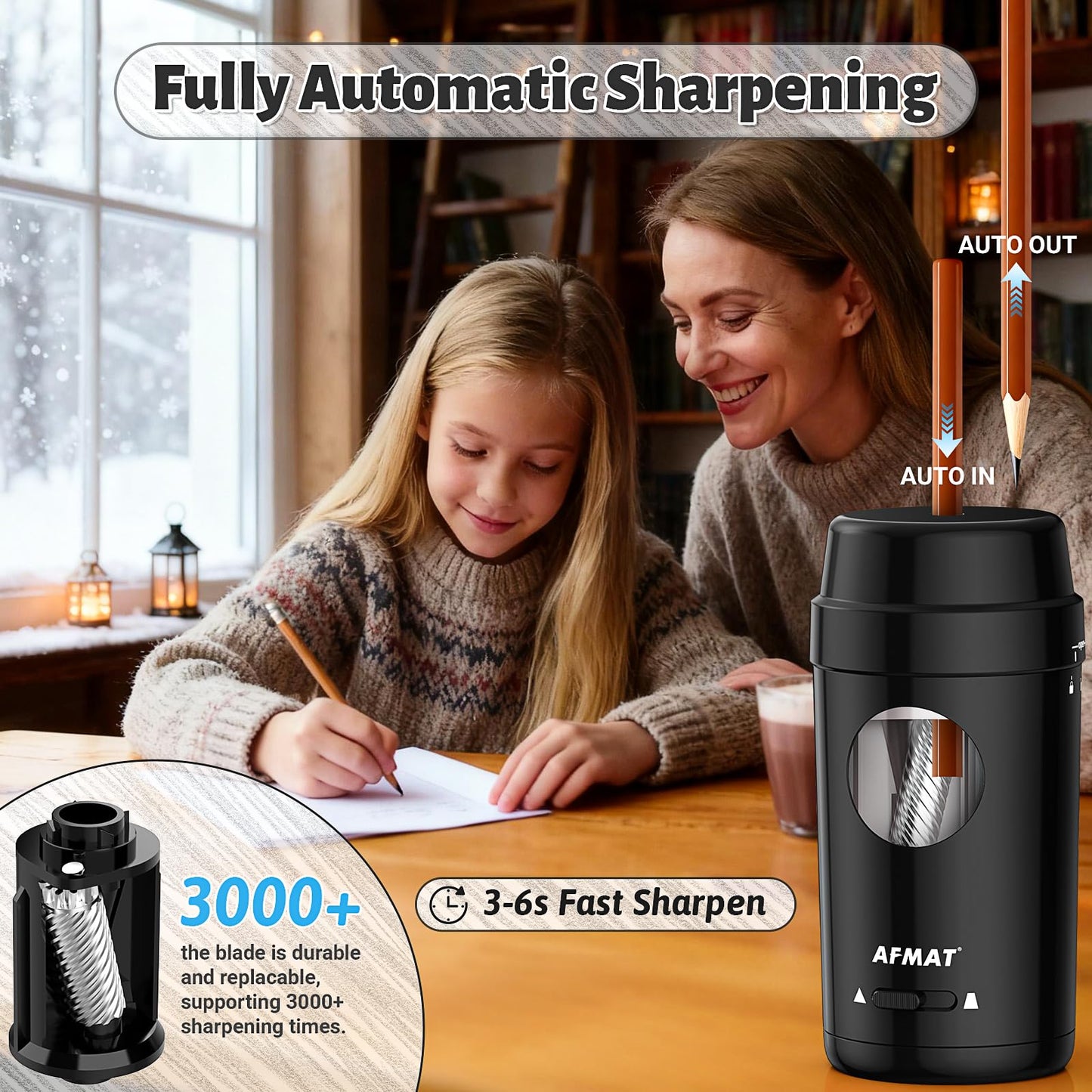 AFMAT Electric Pencil Sharpener, Auto in & Out, Fully Automatic Pencil Sharpener for Colored Pencils, Rechargeable Hands-Free Sharpeners for φ7-8mm Pencils, Good for Classroom/Home PSX8(Black)