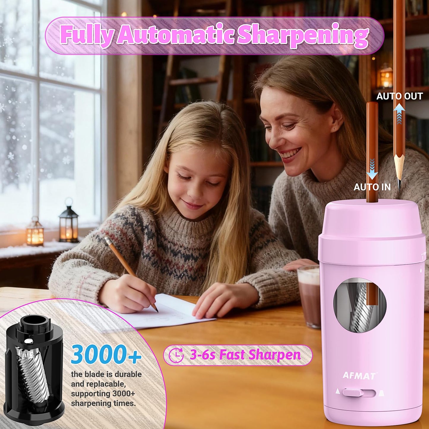 AFMAT Electric Pencil Sharpener, Auto in & Out, Fully Automatic Pencil Sharpener for Colored Pencils, Rechargeable Hands-Free Sharpeners for φ7-8mm Pencils, Good for Classroom/Home PSX8(Black)