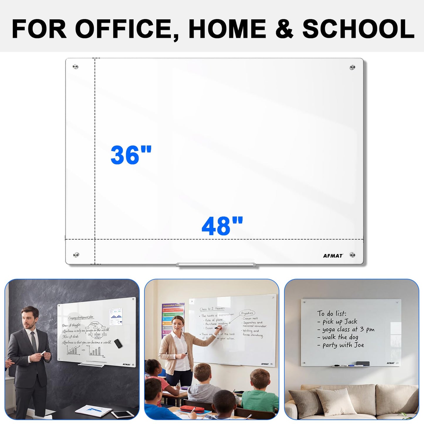 AFMAT Magnetic Glass Whiteboard, 48" x 36" Glass Dry Erase Board, 4mm Tempered Glass w/Strong Magnetic Surface, Large White Board for Wall, Frameless Wall Mounted Black Board for Office Home School,GB04EW1