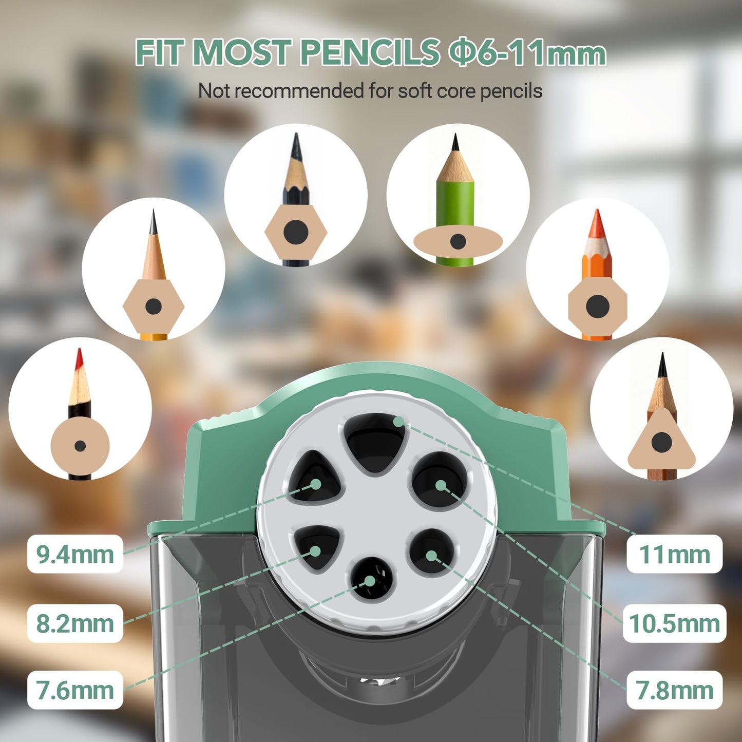 AFMAT Electric Pencil Sharpener Heavy Duty, 6 Holes, Super Fast, Auto Stop & Save Pencils, 10000 Sharpening Times, Rechargeable Classroom Pencil Sharpener for 6-11mm No.2/Large/Colored Pencils, Model:PSD4(Black)