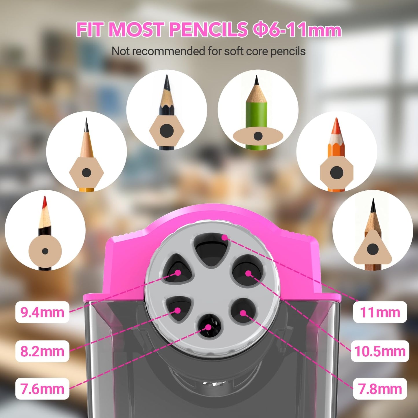 AFMAT Electric Pencil Sharpener Heavy Duty, 6 Holes, Super Fast, Auto Stop & Save Pencils, 10000 Sharpening Times, Rechargeable Classroom Pencil Sharpener for 6-11mm No.2/Large/Colored Pencils, Model:PSD4(Black)