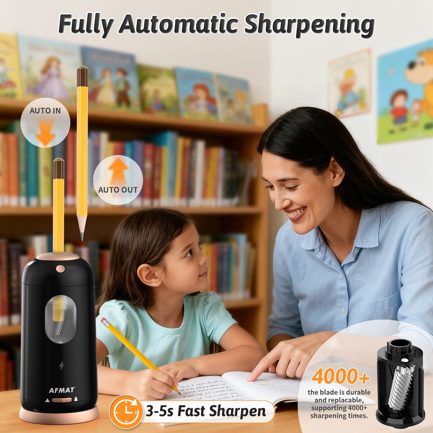 AFMAT Electric Pencil Sharpener, Auto in & Out, Fully Automatic Pencil Sharpener, Rechargeable Hands-Free Sharpeners for Jumbo & Colored Pencils (7-11.5mm), Good for Classroom/Home/Office, Model:PSC8(Black)