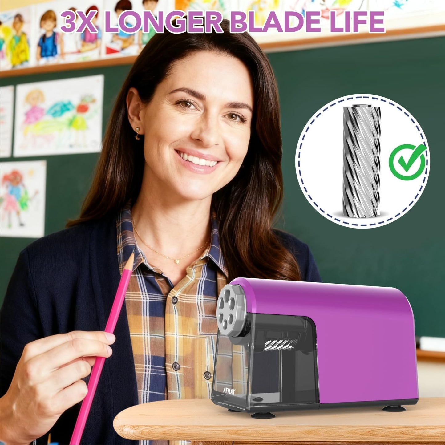 AFMAT 6-Hole Electric Pencil Sharpener Heavy Duty, Fast Sharpen, Auto Stop & Save Pencils, 10000 Sharpening Times, Rechargeable Classroom Pencil Sharpener for 6-11mm No.2/Large/Colored Pencils,Model:PSD2(Purple)