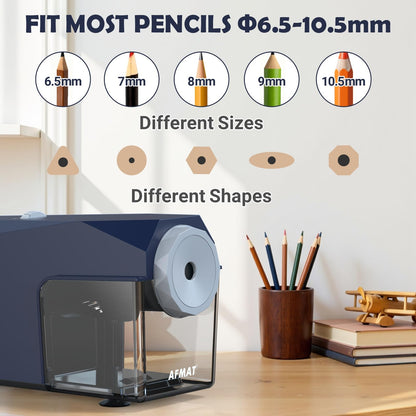 AFMAT Newly Upgraded PSC4 6.5-10.5mm Super Durable Heavy Duty Fully Automatic Pencil Sharpener, 3X Longer Cutter Life,Auto in & Out, 5 Sharpness Modes, Hands-Free Sharpeners for No.2/Jumbo/Colored Pencils (φ6.5-10.5mm),PSC4BL