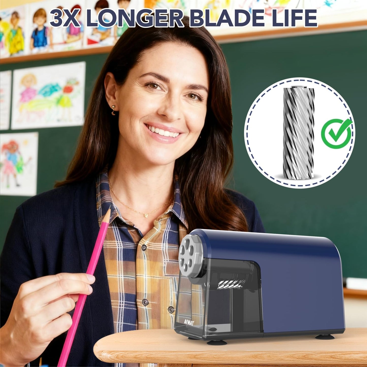 AFMAT 6-Hole Electric Pencil Sharpener Heavy Duty, Fast Sharpen, Auto Stop & Save Pencils, 10000 Sharpening Times, Rechargeable Classroom Pencil Sharpener for 6-11mm No.2/Large/Colored Pencils,Model:PSD2(Purple)