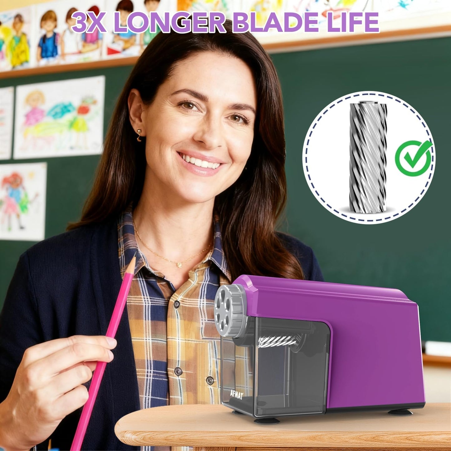 AFMAT Electric Pencil Sharpener Heavy Duty, 6 Holes, Super Fast, Auto Stop & Save Pencils, 10000 Sharpening Times, Rechargeable Classroom Pencil Sharpener for 6-11mm No.2/Large/Colored Pencils, Model:PSD4(Black)