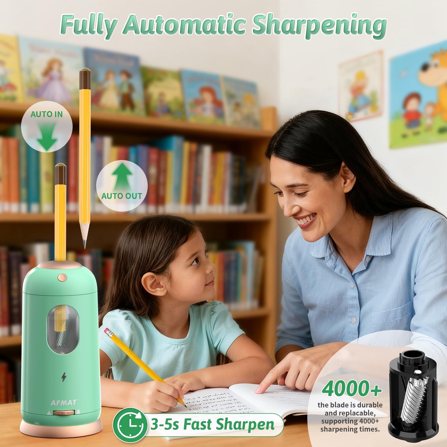 AFMAT Electric Pencil Sharpener, Auto in & Out, Fully Automatic Pencil Sharpener, Rechargeable Hands-Free Sharpeners for Jumbo & Colored Pencils (7-11.5mm), Good for Classroom/Home/Office, Model:PSC8(Black)