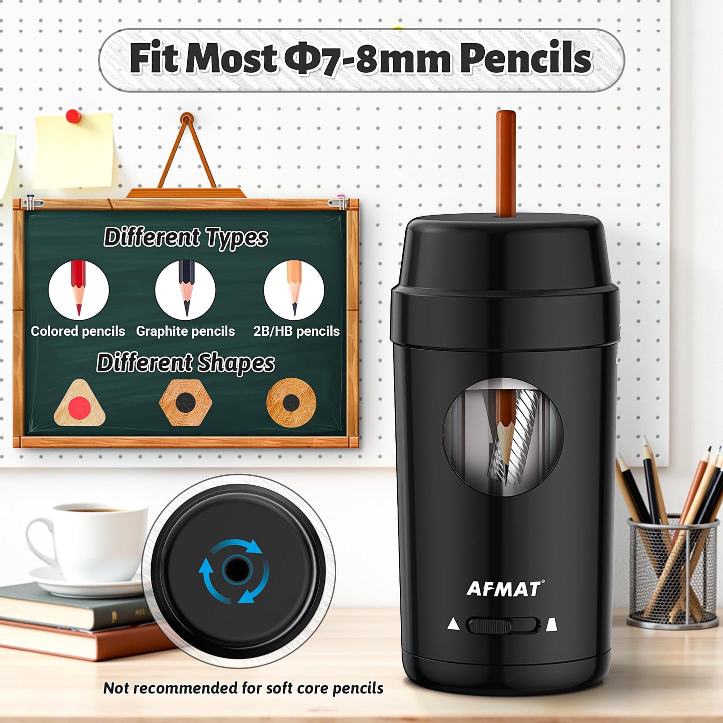 AFMAT Electric Pencil Sharpener, Auto in & Out, Fully Automatic Pencil Sharpener for Colored Pencils, Rechargeable Hands-Free Sharpeners for φ7-8mm Pencils, Good for Classroom/Home PSX8(Black)