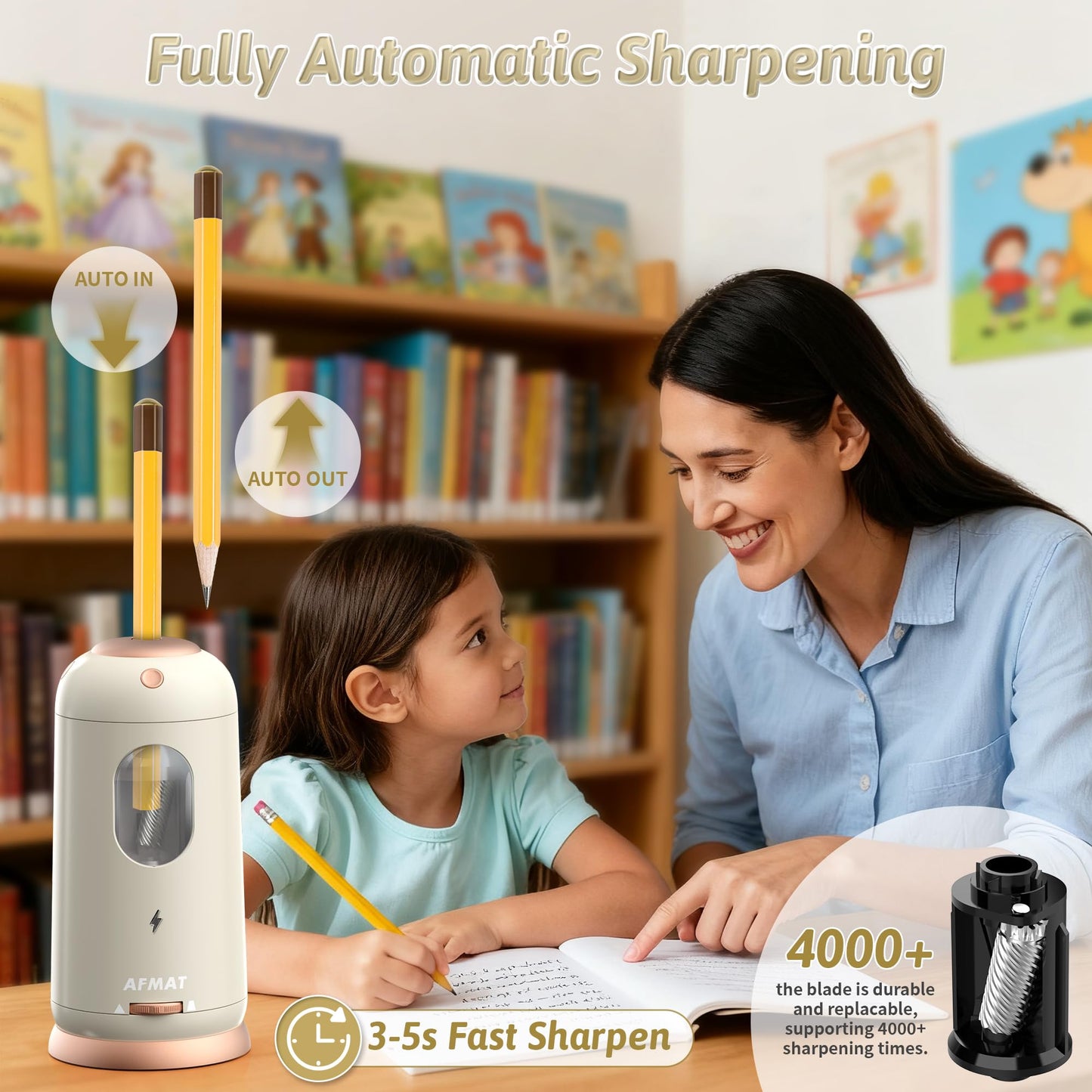 AFMAT Electric Pencil Sharpener, Auto in & Out, Fully Automatic Pencil Sharpener, Rechargeable Hands-Free Sharpeners for Jumbo & Colored Pencils (7-11.5mm), Good for Classroom/Home/Office, Model:PSC8(Black)