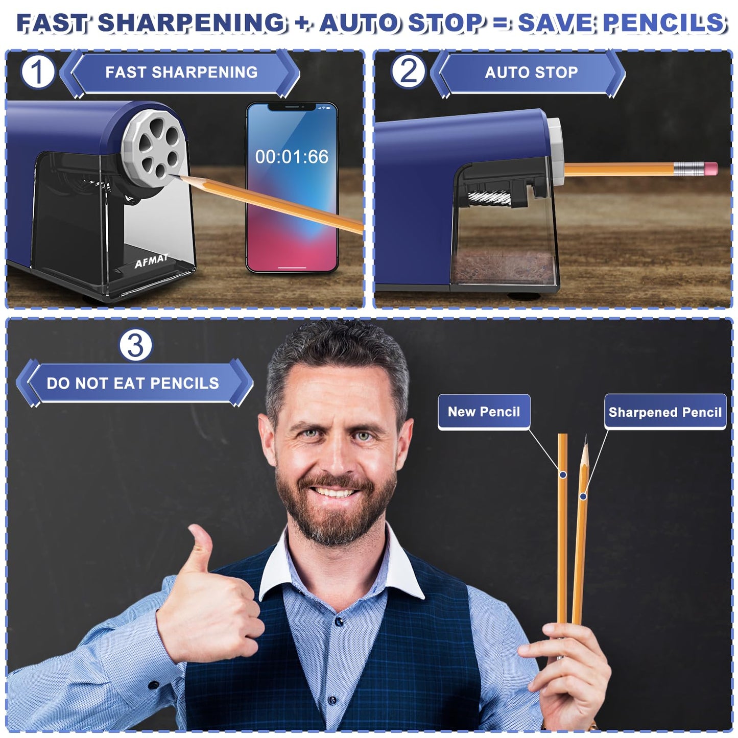 AFMAT PSX2 6 Holes Durable Heavy Duty Electric Pencil Sharpener,Auto Stop Pencil Sharpeners for 6-11mm Colored Pencils,PSX2PK